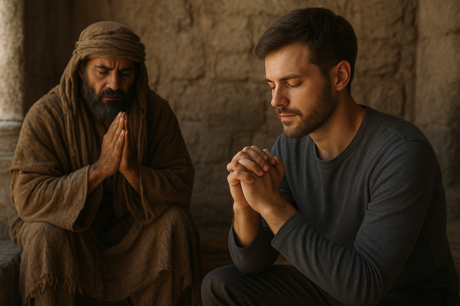 “Realistic depiction of King David praying in an ancient setting while a modern man watches and mimics him, illustrating the timeless power of prayer from the Bible.”