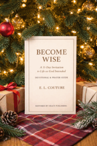 Become Wise 31-day Christian devotional by E. L. Couture displayed under a Christmas tree as a meaningful faith-based gift