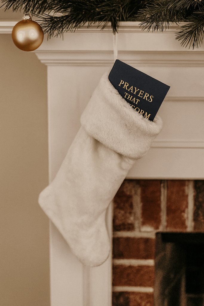 A navy hardcover copy of Prayers That Transform tucked inside a white Christmas stocking hanging from a mantel, styled as a Christian stocking stuffer gift to strengthen faith and transform prayer life during the Christmas season.